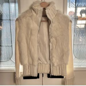 Off white cream ivory ecru rabbit fur vest knit sleeve sweater new unworn small